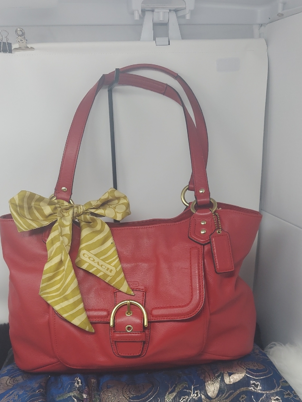 Coach Campbell Belle Red Leather Shoulder Bag W/ Gold Hardware and Scarf Accent